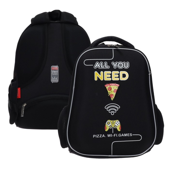 Рюкзак каркасный 38 х 29 х 12,5 см, Hatber Ergonomic light "All you need&hellip;", чёрный/жёлтый NRk_71035