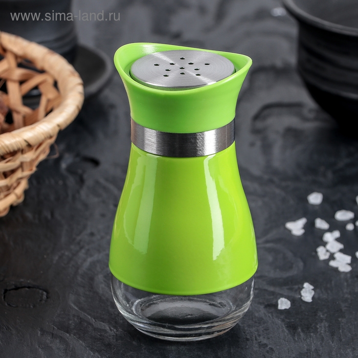 Солонка стеклянная &laquo;Сияние&raquo;, 5,5&times;5&times;11 см, цвет зелёный, надписи МИКС