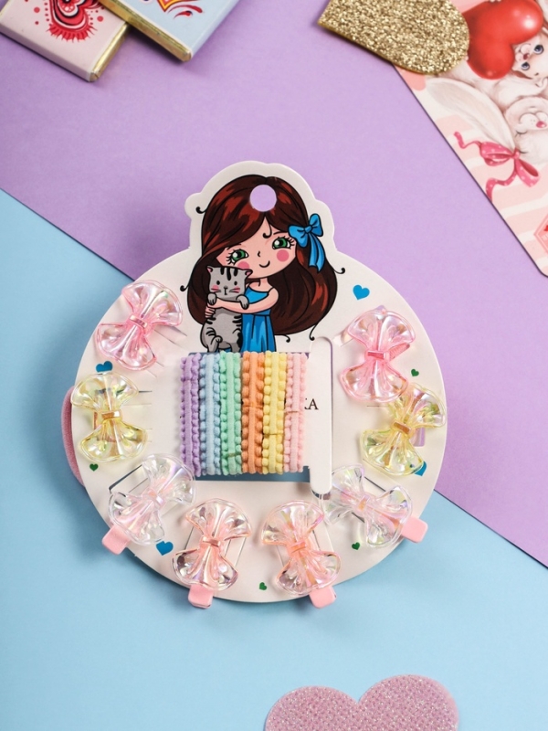 Набор для волос "Аделия" (10 резинок 3 см, 4 зажима 3 см) бантик, розовый