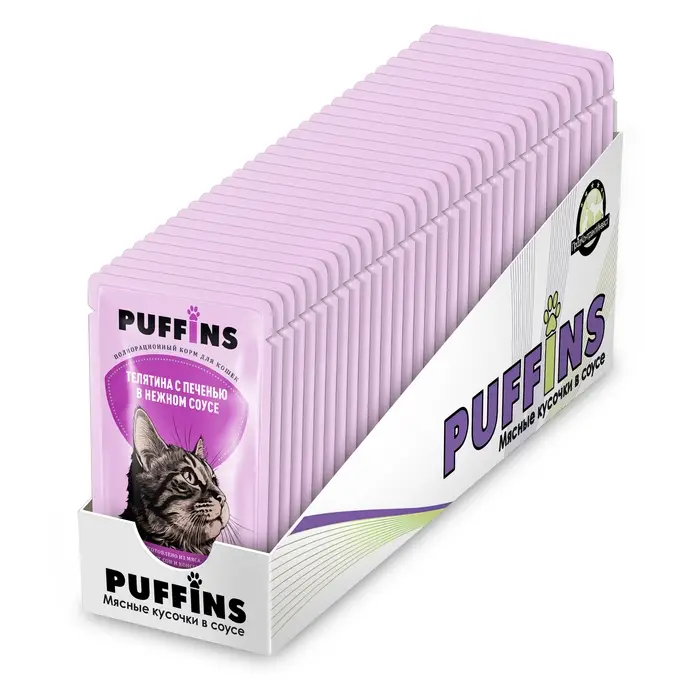 Влажный корм "Puffins" для кошек, телятина с печенью в соусе, 75 г
