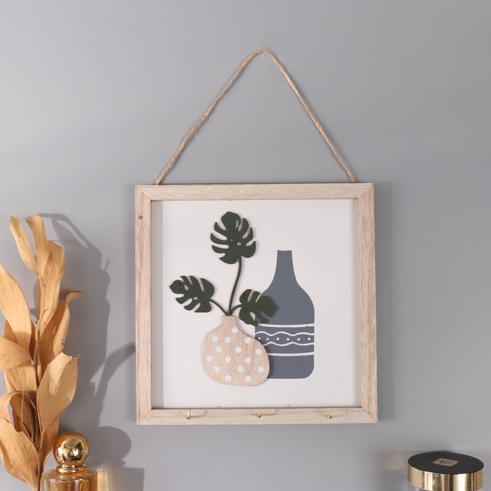 Крючки декоративные дерево "Ветки монстеры и две вазы" 2,5х20х20 см