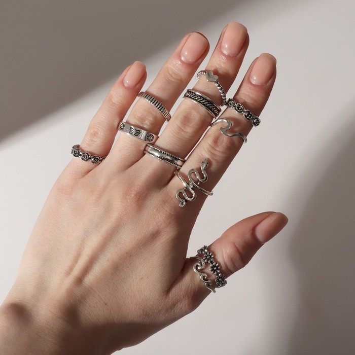 Набор колец 13 штук &laquo;Ассорти&raquo; цветы, змея, размер МИКС, цвет чернёное серебро