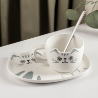 Чайная пара керамическая &laquo;Котик&raquo;, 3 предмета: чашка 200 мл, блюдце 18,5&times;13,5 см, ложка