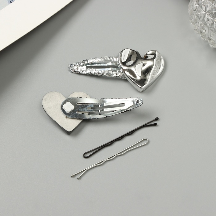 Невидимка для волос "Беатрис" (набор 10 шт) сердце, 5 и 5,5 см, серебро чёрный