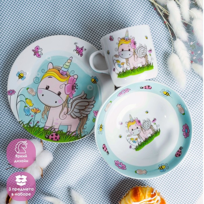 Набор детской посуды из керамики Доляна &laquo;Единорожка&raquo;, 3 предмета: кружка 230 мл, миска 400 мл, тарелка d=18 см