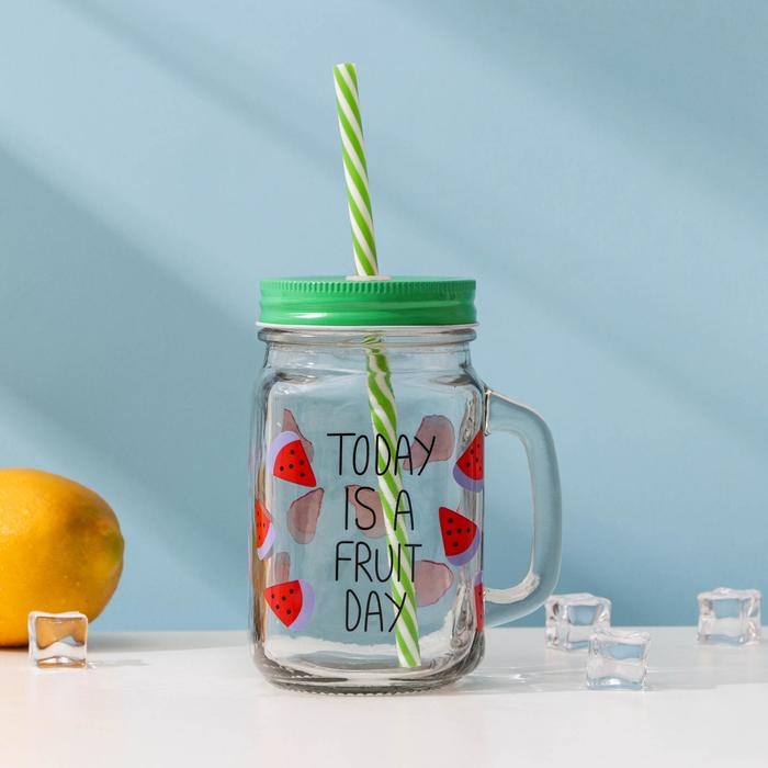 Банка стеклянная с крышкой и трубочкой Доляна &laquo;Счастливый день&raquo;, 450 мл, 10,5&times;7,5&times;13 см, цвет МИКС
