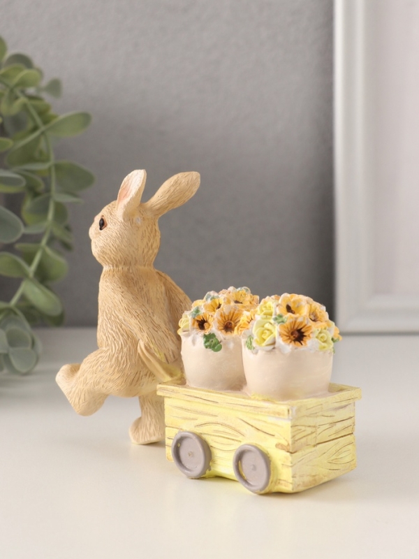 Сувенир полистоун "Зайчик везёт цветочные горшки на тележке" 11х4х10 см