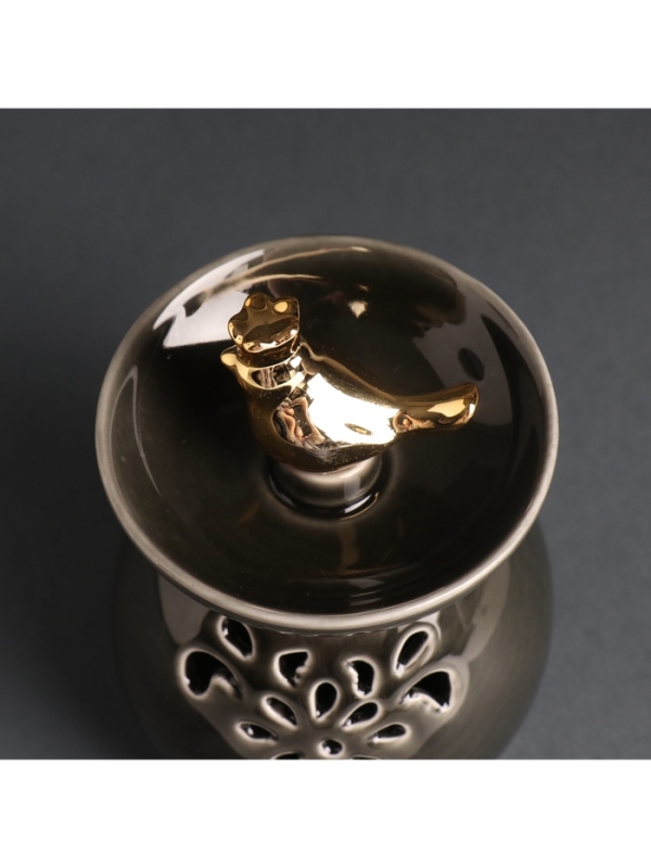 Аромалампа керамика "Птичка в короне в цветочной чаше" черный перламутр 9х9х13 см