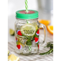 Банка стеклянная с крышкой и трубочкой Доляна &laquo;Счастливый день&raquo;, 450 мл, 10,5&times;7,5&times;13 см, цвет МИКС