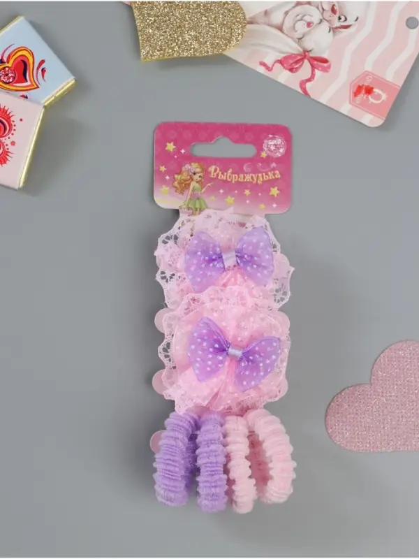 Резинка для волос &laquo;Кружево&raquo;, банты, набор 6 шт., розово-сиреневая