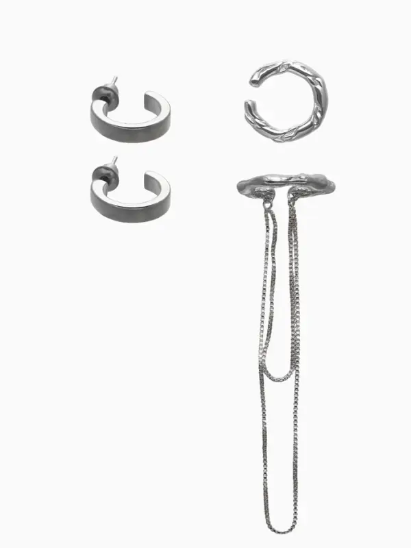 Набор серьги и каффы 4 шт. "Минимализм" водопад, цвет серебро