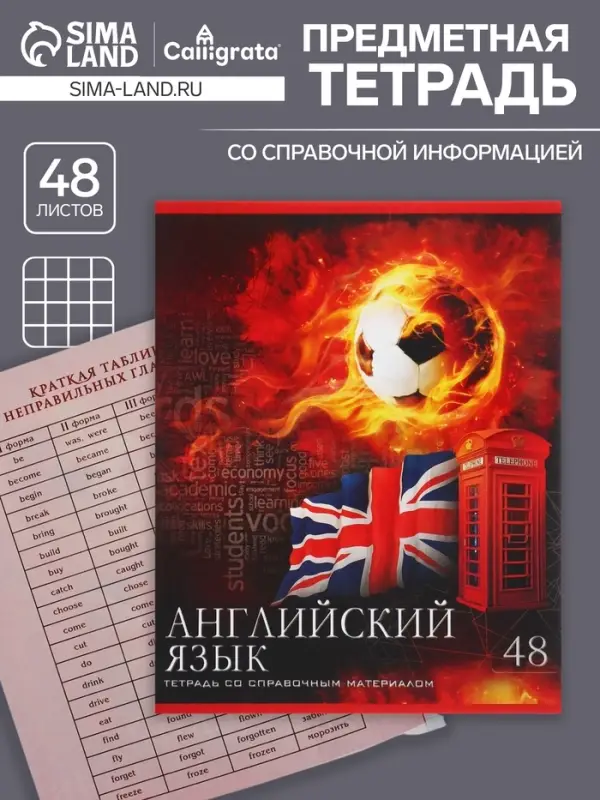 Тетрадь предметная 48 листов в клетку Calligrata, &laquo;Футбол. Английский язык&raquo;, обложка мелованный картон