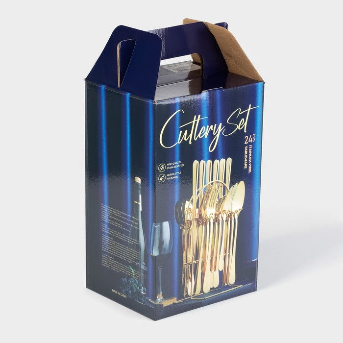 Набор столовых приборов из нержавеющей стали &laquo;Золото&raquo;, 24 предмета, на подставке, цвет золотой