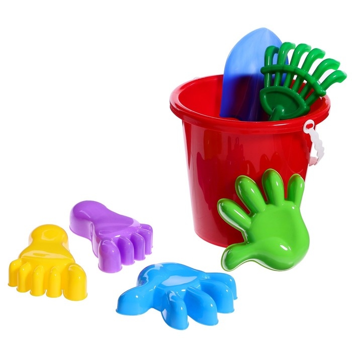 Набор для игры в песке №20: ведро большое, совок, грабли, 4 формочки