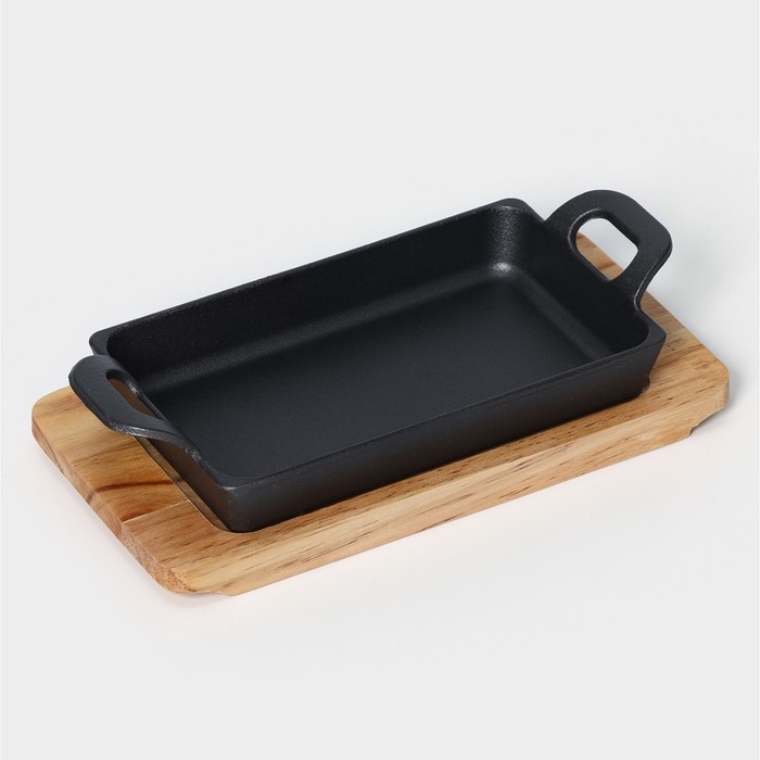 Сковорода чугунная &laquo;Прямоугольник&raquo;, 25&times;12 см, с ручками, на деревянной подставке