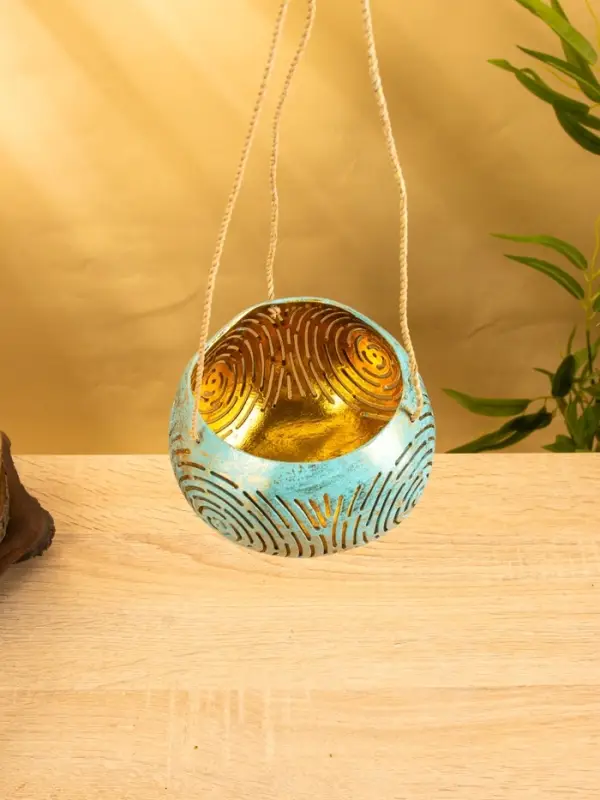 Подсвечник подвесной из кокоса, 14&times;14&times;10 см, бирюзово-золотой