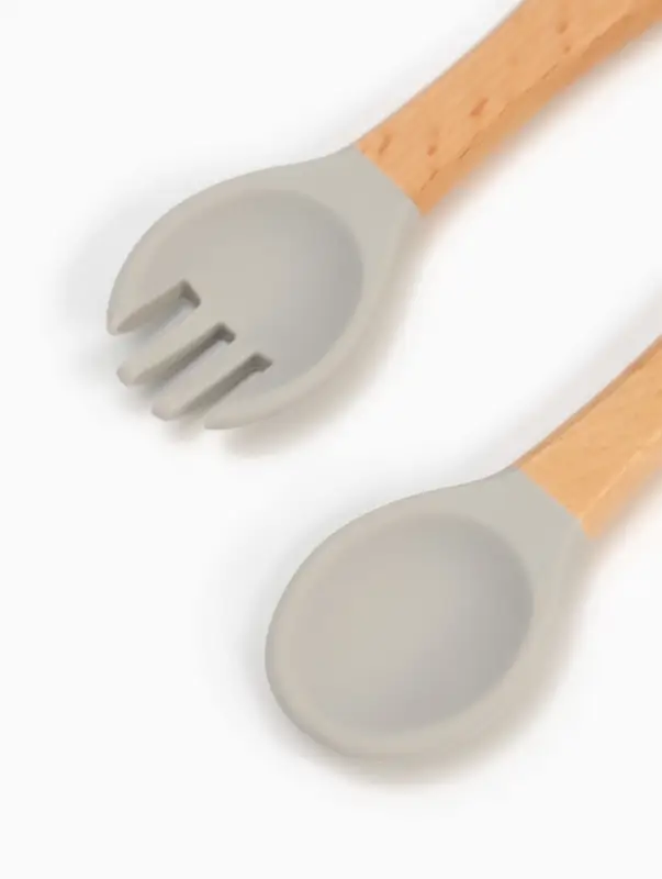 Тарелка детская секционная с ложкой и вилкой, 3 секции, серый, Mum&Baby