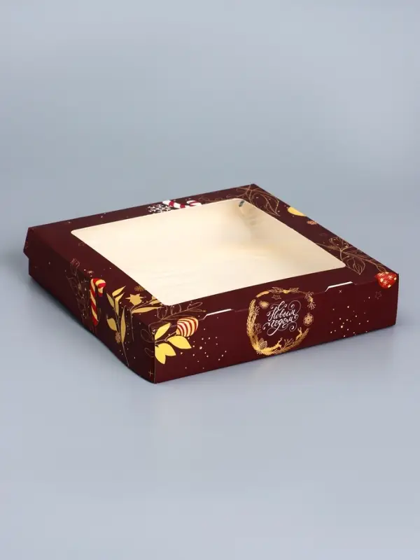 Коробка складная, подарочная новогодняя с окном Merry christmas 20&times;20&times;4 см