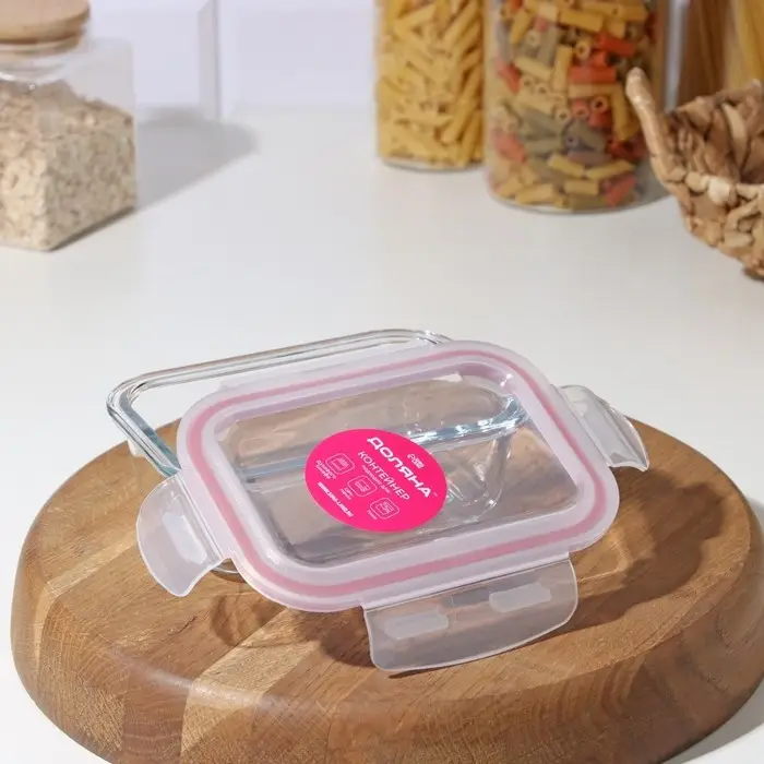 Контейнер для еды из жаропрочного стекла Доляна &laquo;Клик&raquo;, 380 мл, 15.5&times;11&times;5 см, с крышкой