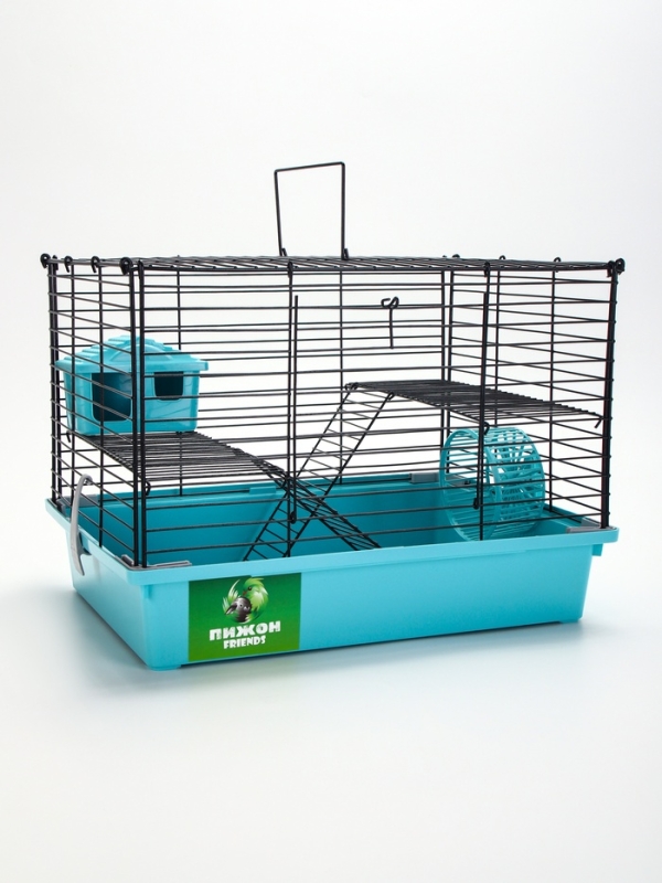 Клетка для грызунов "Пижон" складная, 38 х 27 х 27 (домик, миска, колесо) бирюззовая