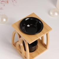 Аромалампа бамбук, керамика с подставкой под свечу "Узоры" чёрная 9,5х9,5х13,5 см