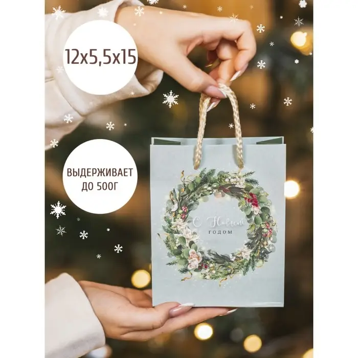Пакет подарочный новогодний ламинированный &laquo;Новогодний венок&raquo;, S 11.5 х 14.5 х 5.5 см