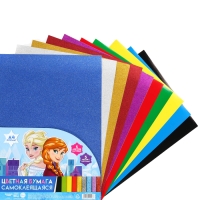 Бумага цветная самоклеящаяся, с блёстками, А4, 10 листов, 10 цветов, мелованная, односторонняя, в пакете, 80 г/м&sup2;, Холодное сердце