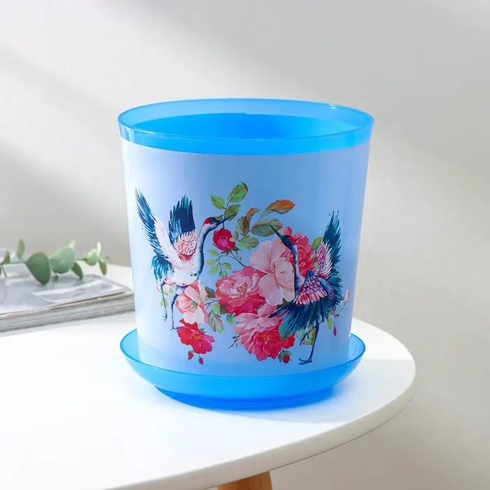 Горшок для цветов с поддоном Доляна &laquo;Танец журавлей&raquo;, 1,6 л, d=14 см, h=15,5 см, цвет голубой