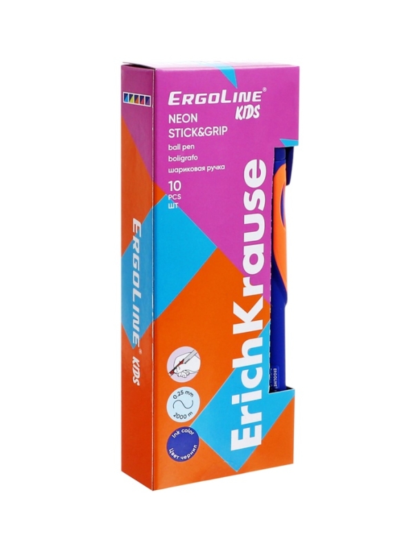 Ручка шариковая ErichKrause ErgoLine Kids Ultra Glide, первоклассника, эргономичный держатель, корпус Soft-touch, узел 0.7 мм, чернила синие, микс