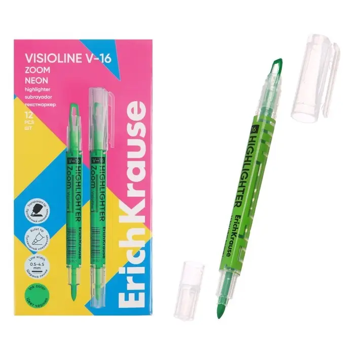 Маркер текстовыделитель 0.5-3.5 мм ErichKrause Visioline V-16 Zoom Neon, двухсторонний, зеленый неон, чернила на водной основе