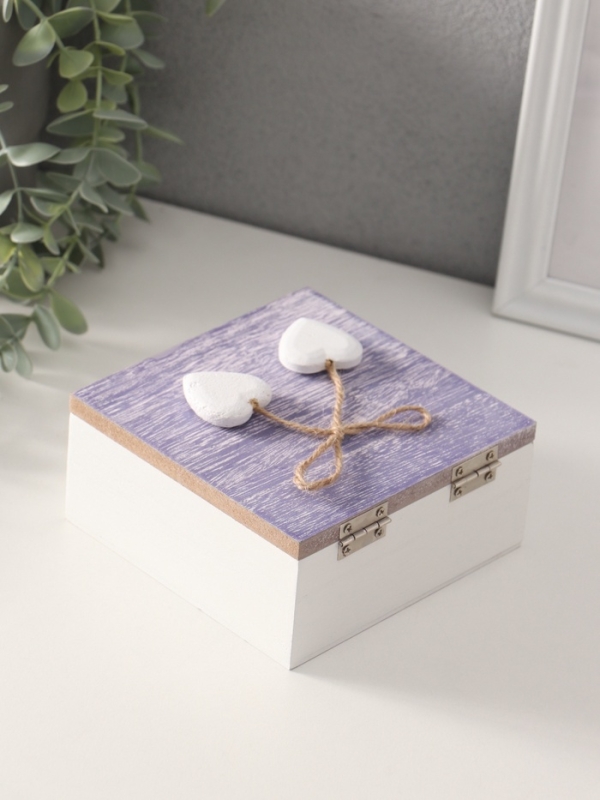 Шкатулка для украшений &laquo;Сердечки белые на сиреневом квадрате&raquo;, дерево, 12&times;12&times;5.3 см