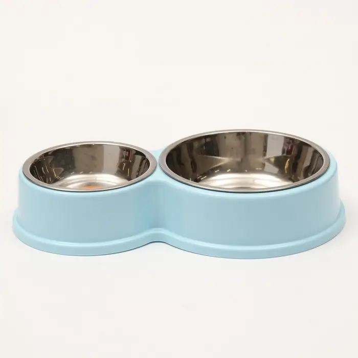 Миска металлическая двойная на пластиковом основании, 28 х 17,3 х 5 см, голубая