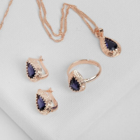 Гарнитур 3 предмета: серьги, кулон, кольцо безразмерное &laquo;Эдель&raquo; капля, цвет тёмно-синий в золоте, 45 см