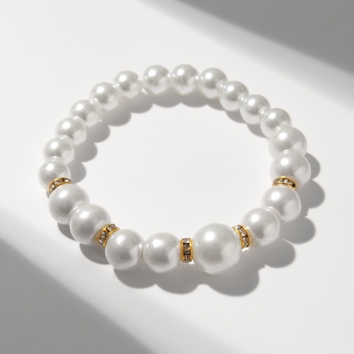 Браслет жемчуг &laquo;Подарок моря&raquo; с жемчугом, шар № 6,8,10, цвет белый в золоте, d=6,5 см
