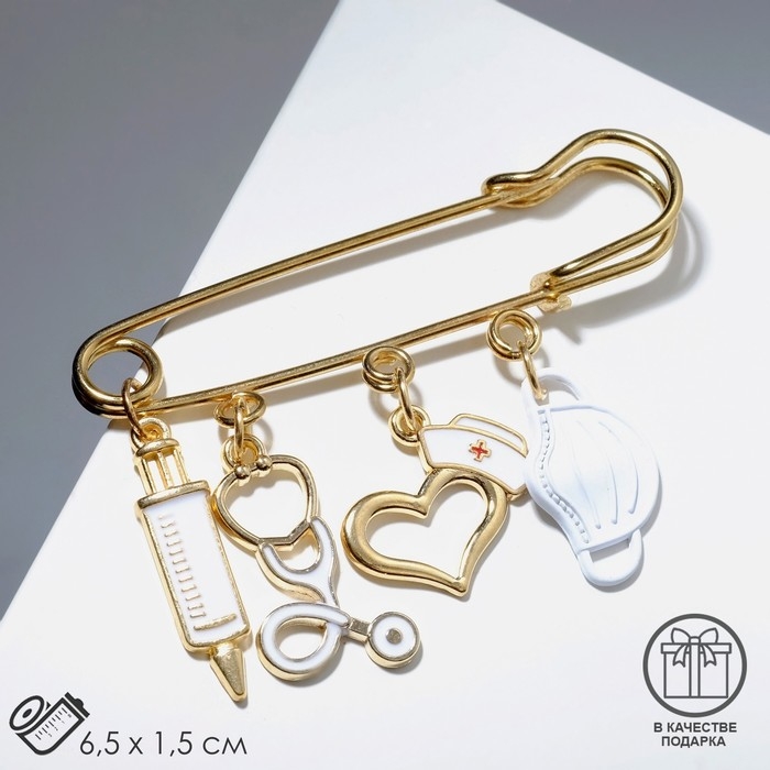 Булавка &laquo;Медицина&raquo; 4 подвески, 6,5 см, цвет белый в золоте