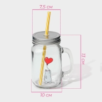 Кружка стеклянная с крышкой и трубочкой Доляна &laquo;Медведь&raquo;, 450 мл, 10&times;7,5&times;13 см