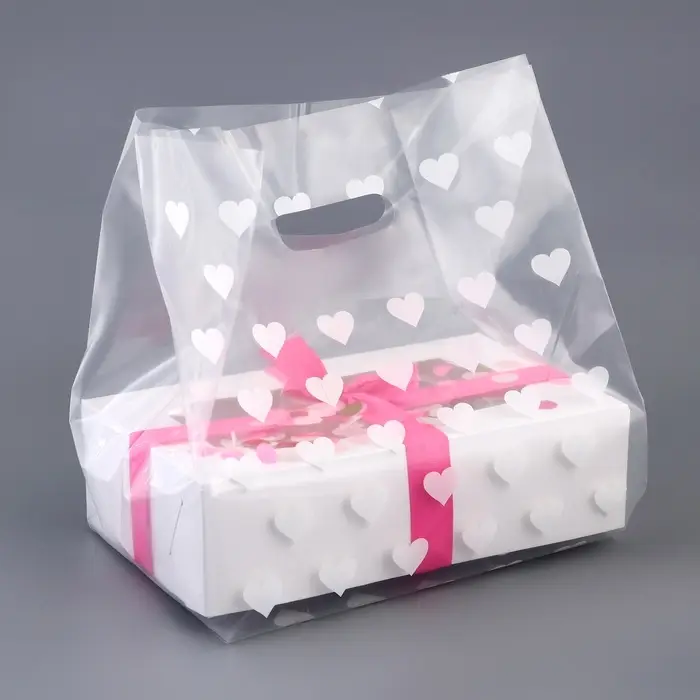 Пакет полиэтиленовый квадратный с вырубной ручкой, упаковка, "Сердечки", 25х35+16см &plusmn; 5% 60 мкм