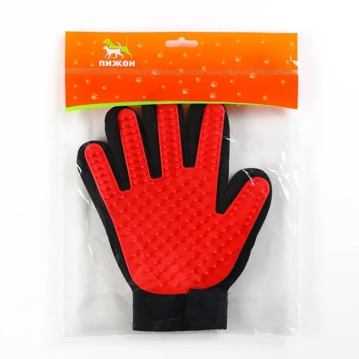 Перчатка-щётка для шерсти, на правую руку, с удлинёнными зубчиками, красная