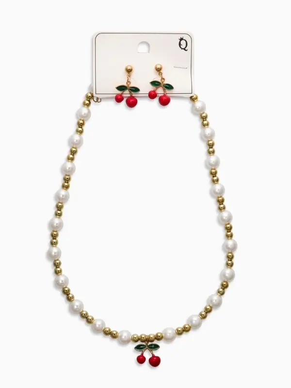 Набор 2 пред-а: серьги. кулон "Вишня" жемчуг, цветной в золоте