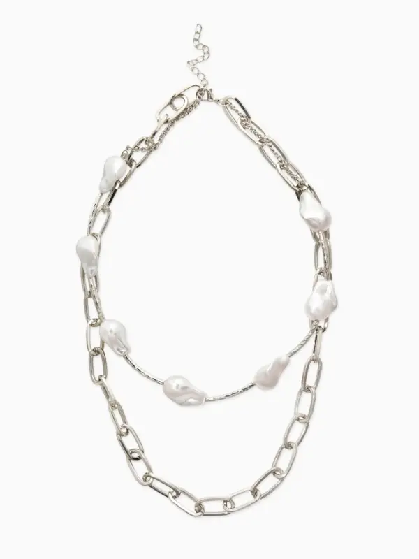 Колье "Жемчуг" борокко, цепь, 2 яруса, цвет белый в серебре