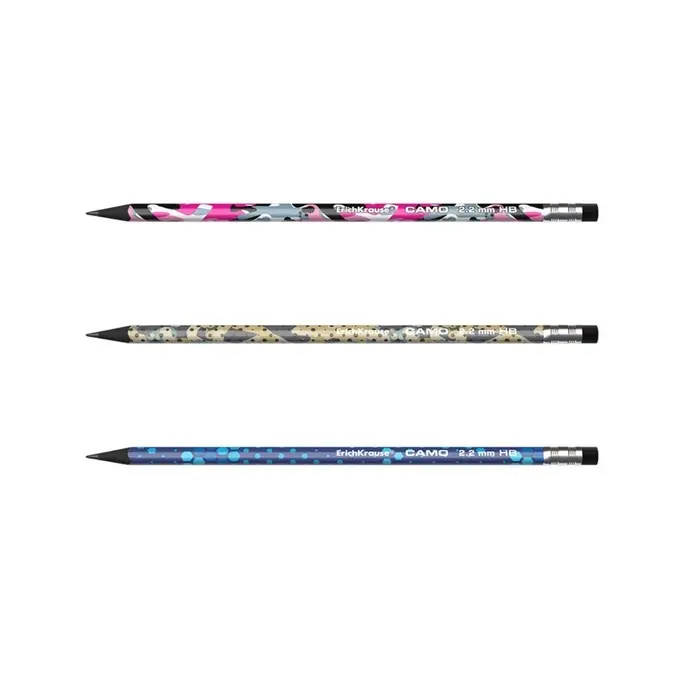 Карандаш чернографитный с ластиком ErichKrause "Camo", HB, грифель d=2.2 мм, пластик, трёхгранный в тубусе, микс