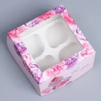 Коробка для капкейков, кондитерская упаковка с окном, 4 ячейки &laquo;Пионы&raquo;, 16 х 16 х 10 см