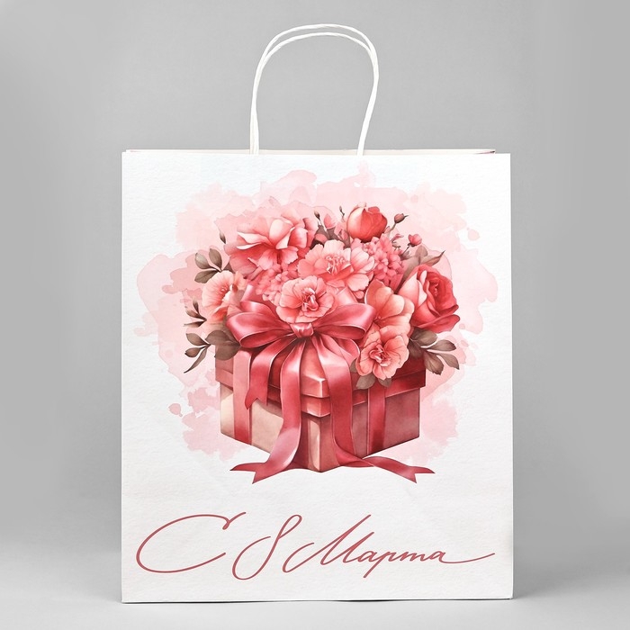 Пакет подарочный крафт &laquo;С 8 марта&raquo;, цветы, 32 х 28 х 15 см