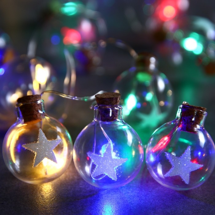 Гирлянда &laquo;Нить&raquo; 1.6 м с насадками &laquo;Шарики со звездой&raquo;, IP20, серебристая нить, 15 LED, батарейки ААх2 (нет в комплекте), свечение мульти