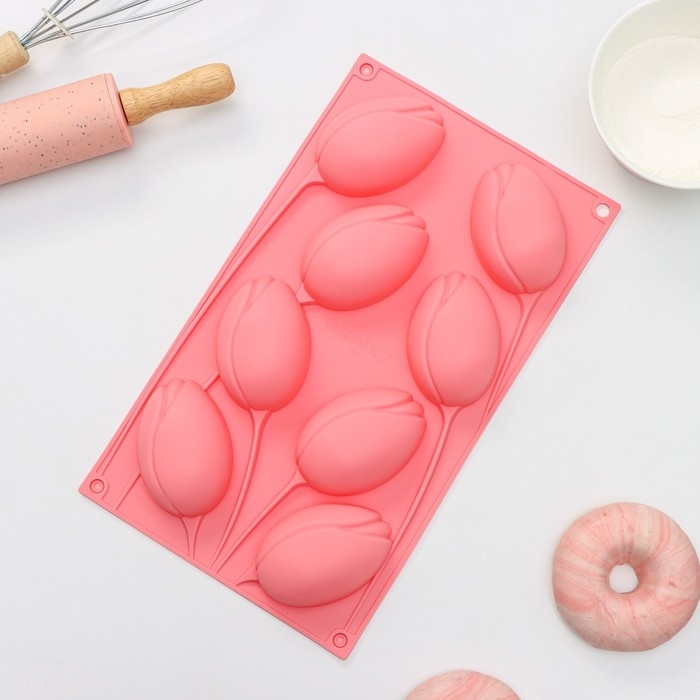 Форма для выпечки Доляна &laquo;Тюльпаны&raquo;, силикон, 8 ячеек, 30&times;17,5&times;3 см, цвет розовый