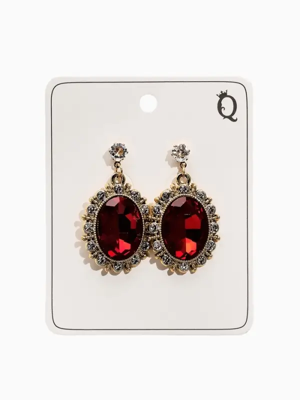 Серьги со стразами "Овал грань", цвет красный в золоте