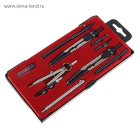 Готовальня 9 предметов (3 циркуля, 2 рейсфедера, 3 удлинителя, грифель, центрик), в пластиковом пенале