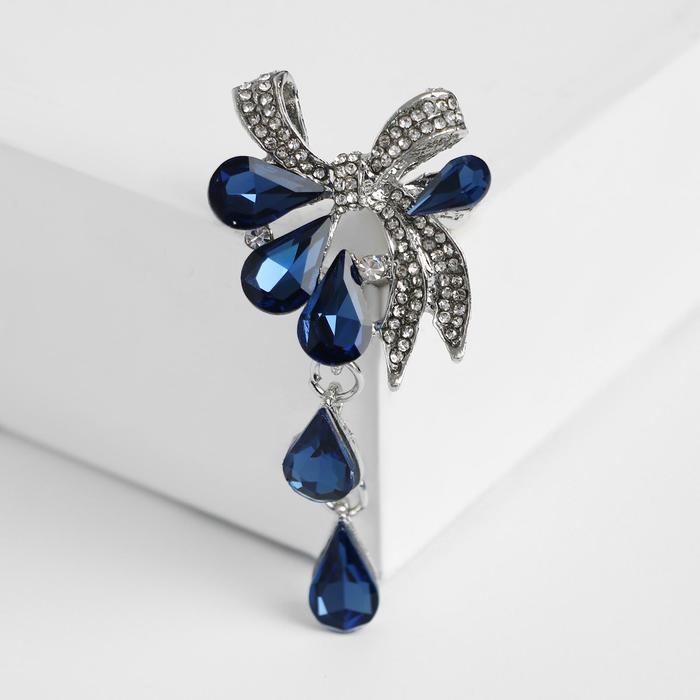 Брошь &laquo;Цветочная роса&raquo; с бантом, цвет бело-синий в серебре