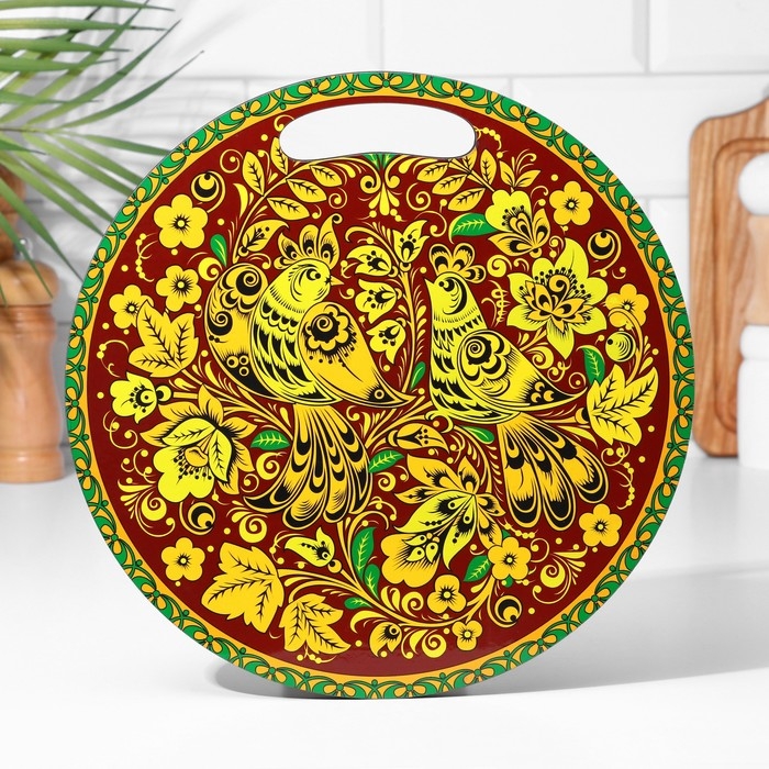 Доска разделочная и сервировочная круглая кухонная "Городецкая роспись", 25,5 см