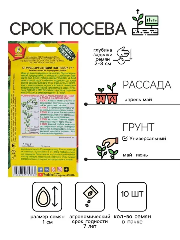 Семена Огурец "Хрустящий погребок F1", 10 шт.